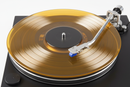 Transparant Marigold Colour Vinyl Record on a Turntable from above 